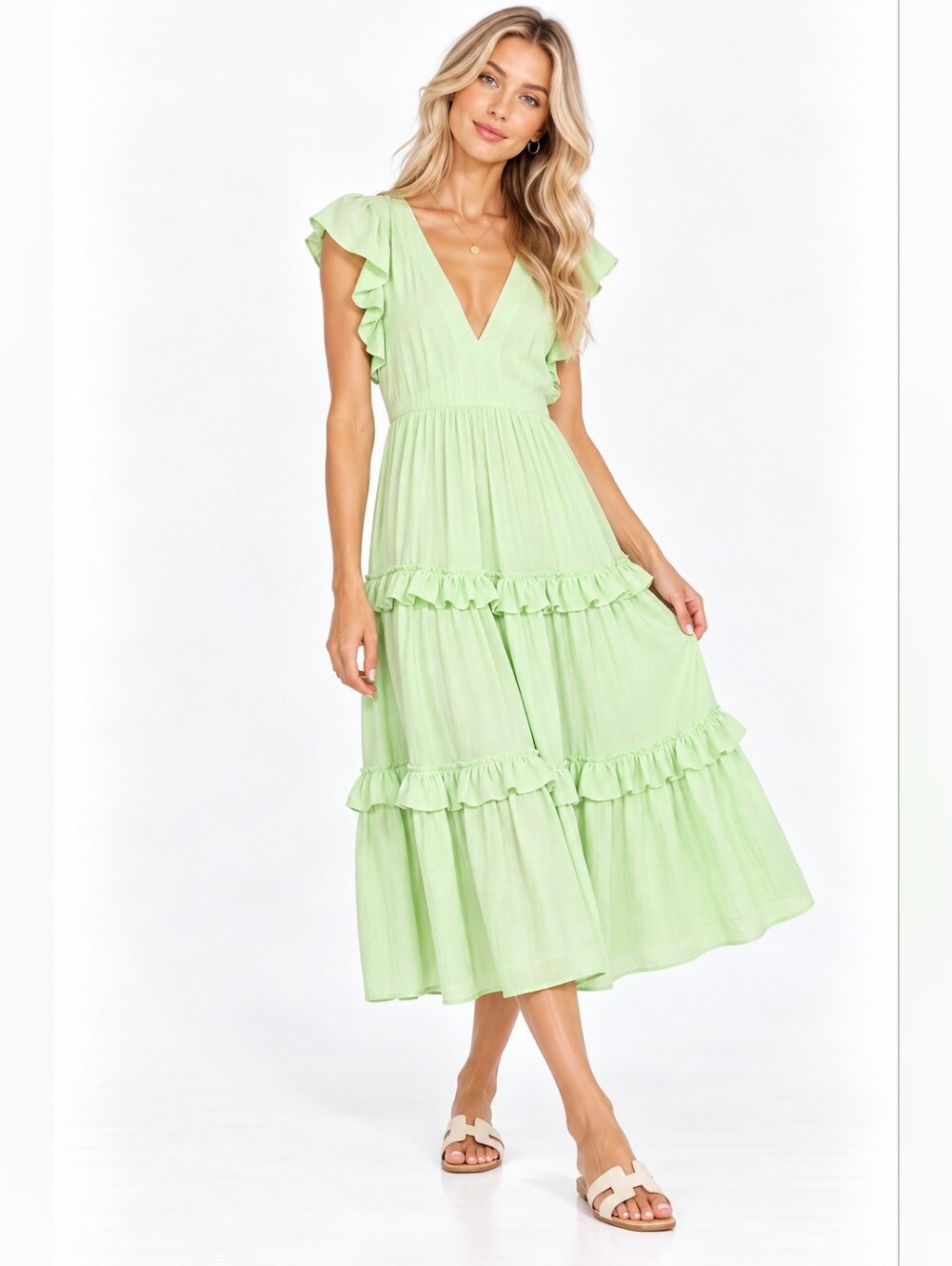 NEW Amanda Uprichard Size S Pastel Green Layered V-Neck Midi Dress